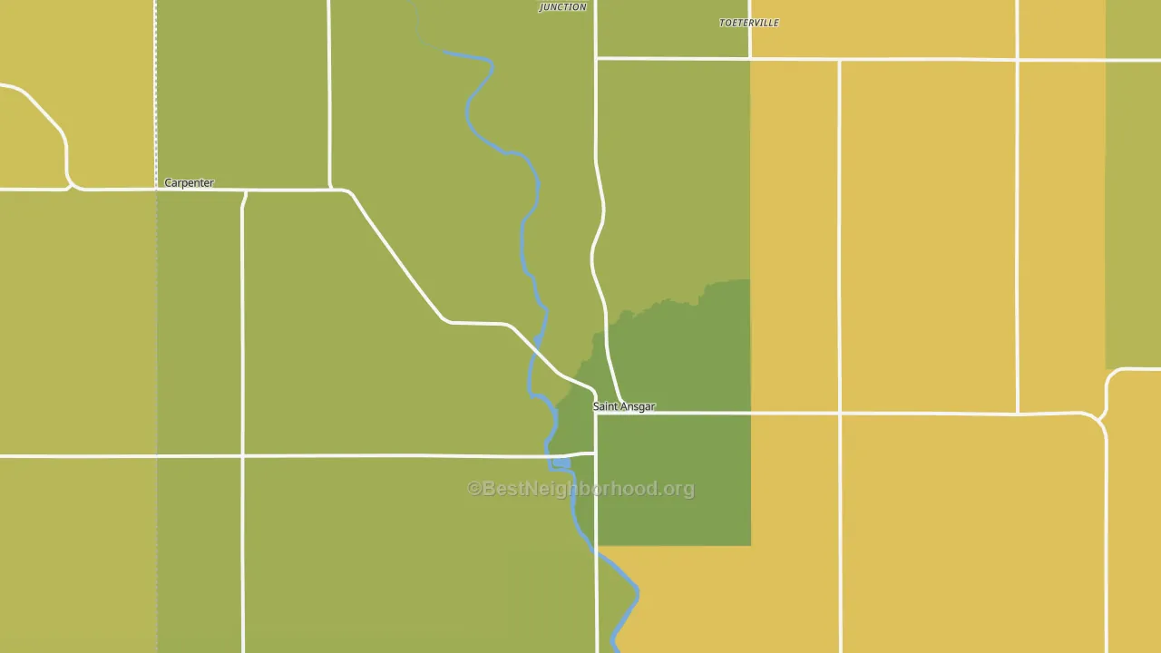 Map of the best neighborhoods in the St. Ansgar area, with better matches in green and worse matches in red