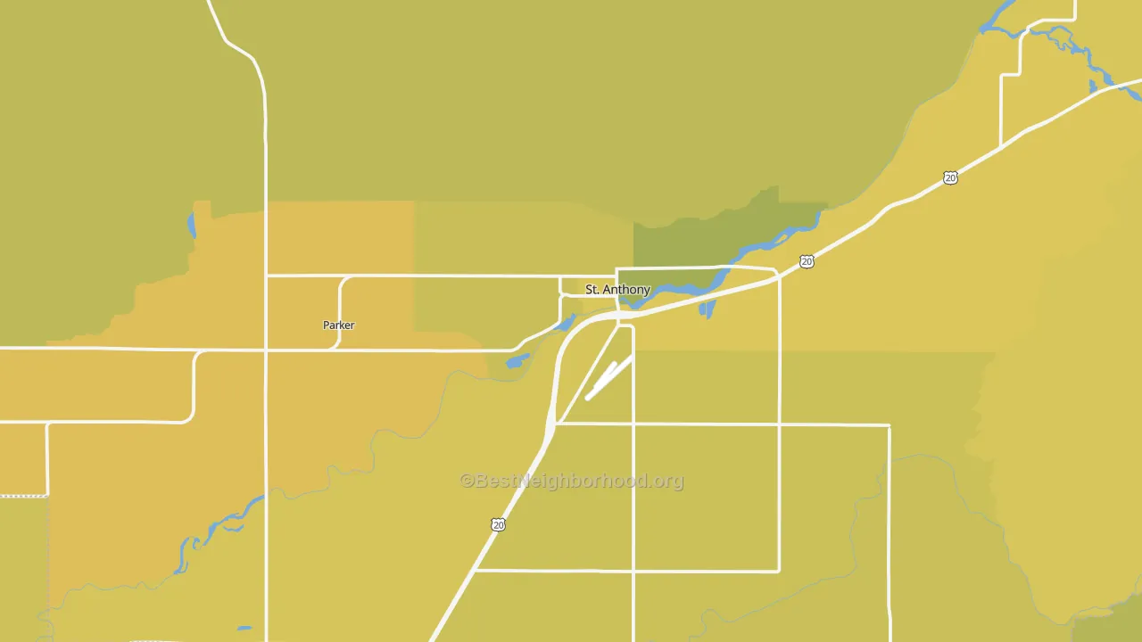 Map of the best neighborhoods in the St. Anthony area, with better matches in green and worse matches in red