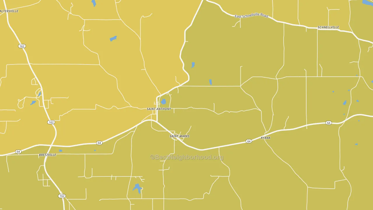 Map of the best neighborhoods in the St. Anthony area, with better matches in green and worse matches in red