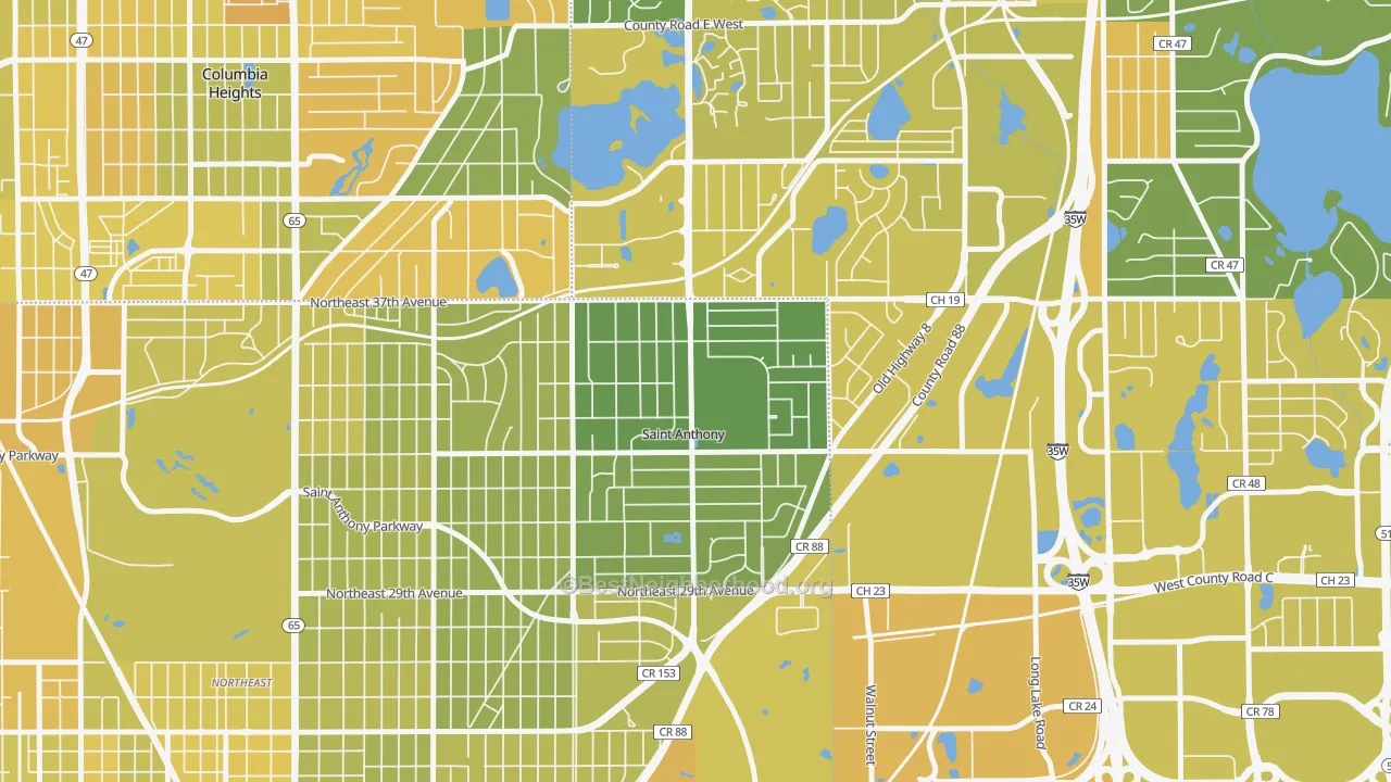 Map of the best neighborhoods in the St. Anthony area, with better matches in green and worse matches in red