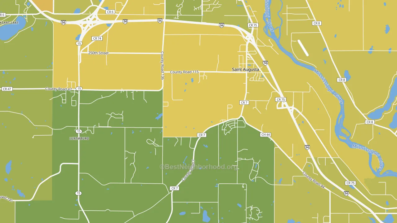 Map of the best neighborhoods in the St. Augusta area, with better matches in green and worse matches in red