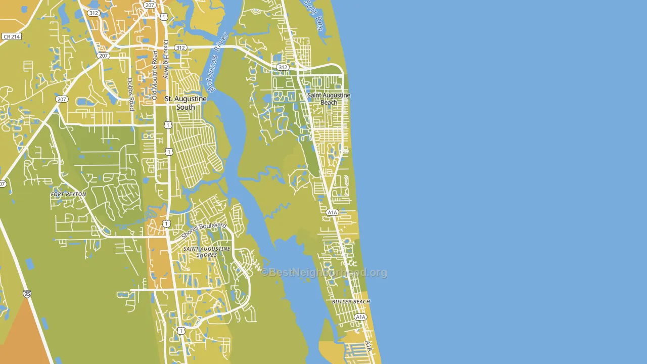 Map of the best neighborhoods in the St. Augustine Beach area, with better matches in green and worse matches in red