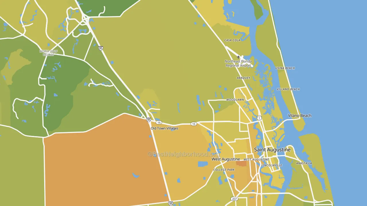 Map of the best neighborhoods in the St. Augustine area, with better matches in green and worse matches in red