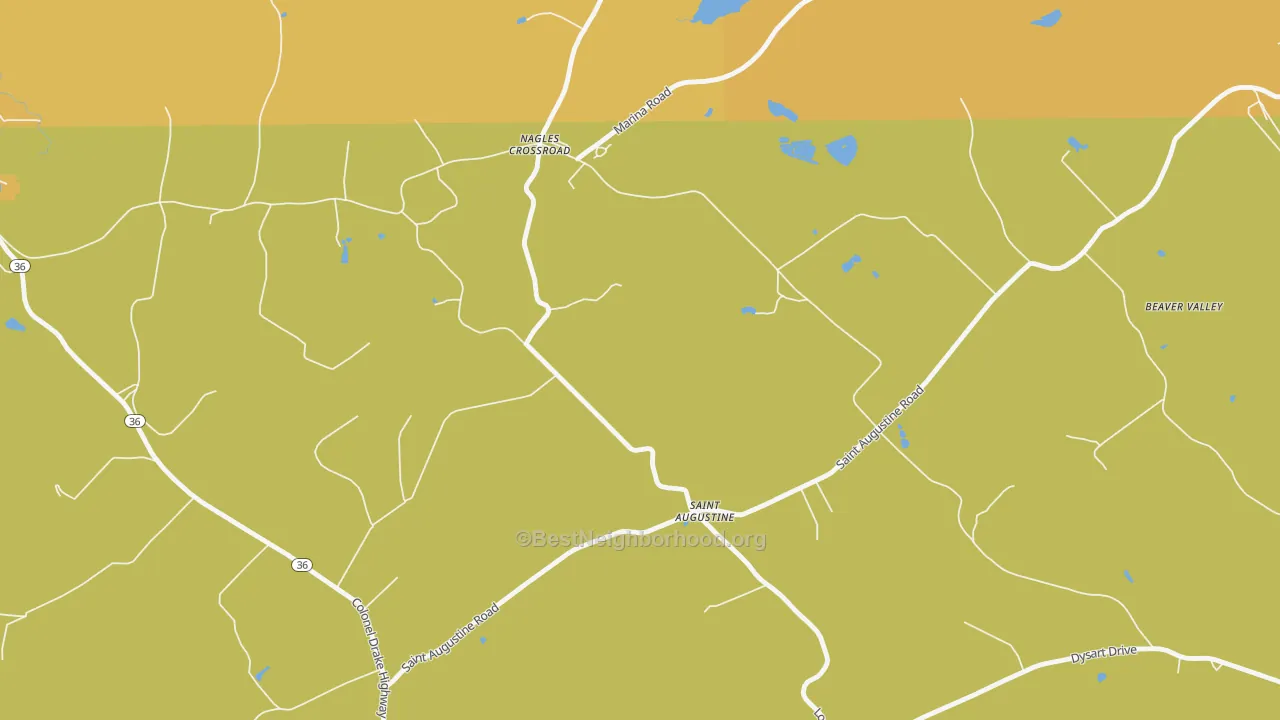 Map of the best neighborhoods in the St. Augustine area, with better matches in green and worse matches in red