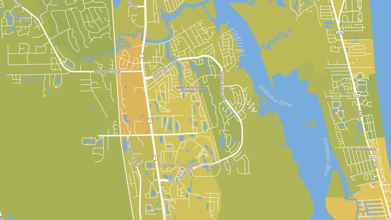 Map of the best neighborhoods in the St. Augustine Shores area, with better matches in green and worse matches in red