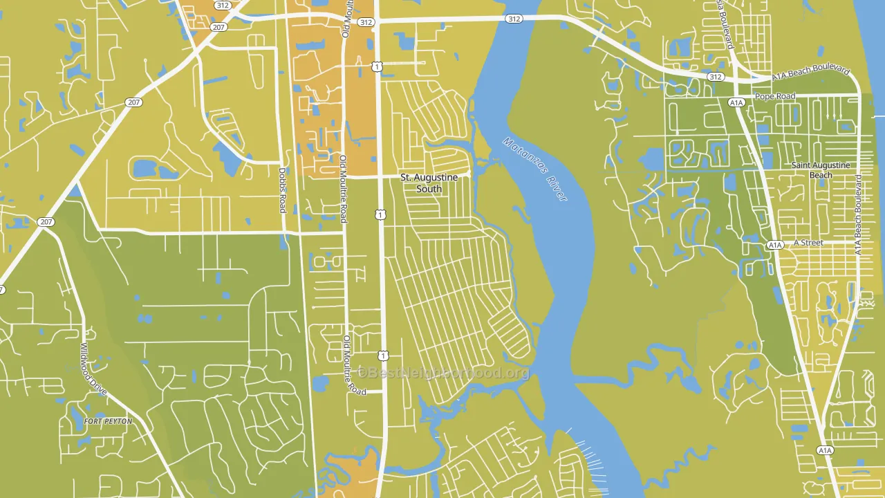 Map of the best neighborhoods in the St. Augustine South area, with better matches in green and worse matches in red