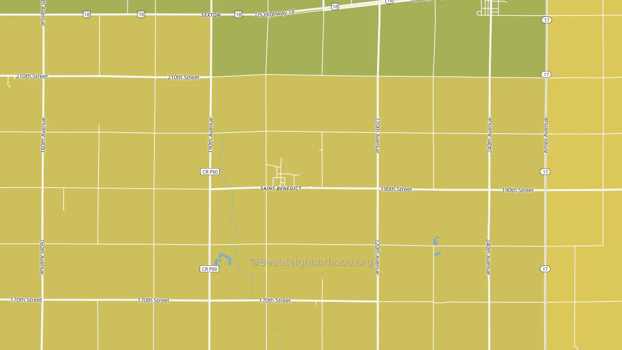 Map of the best neighborhoods in the St. Benedict area, with better matches in green and worse matches in red