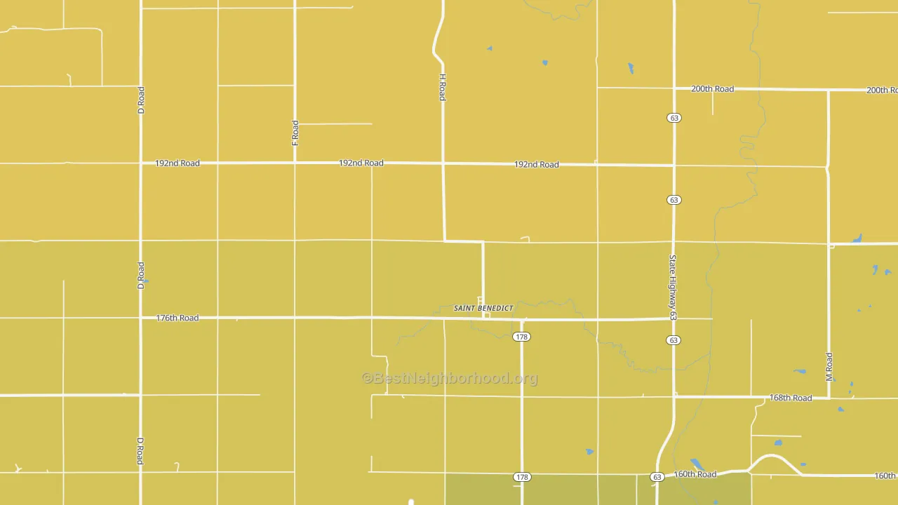 Map of the best neighborhoods in the St. Benedict area, with better matches in green and worse matches in red