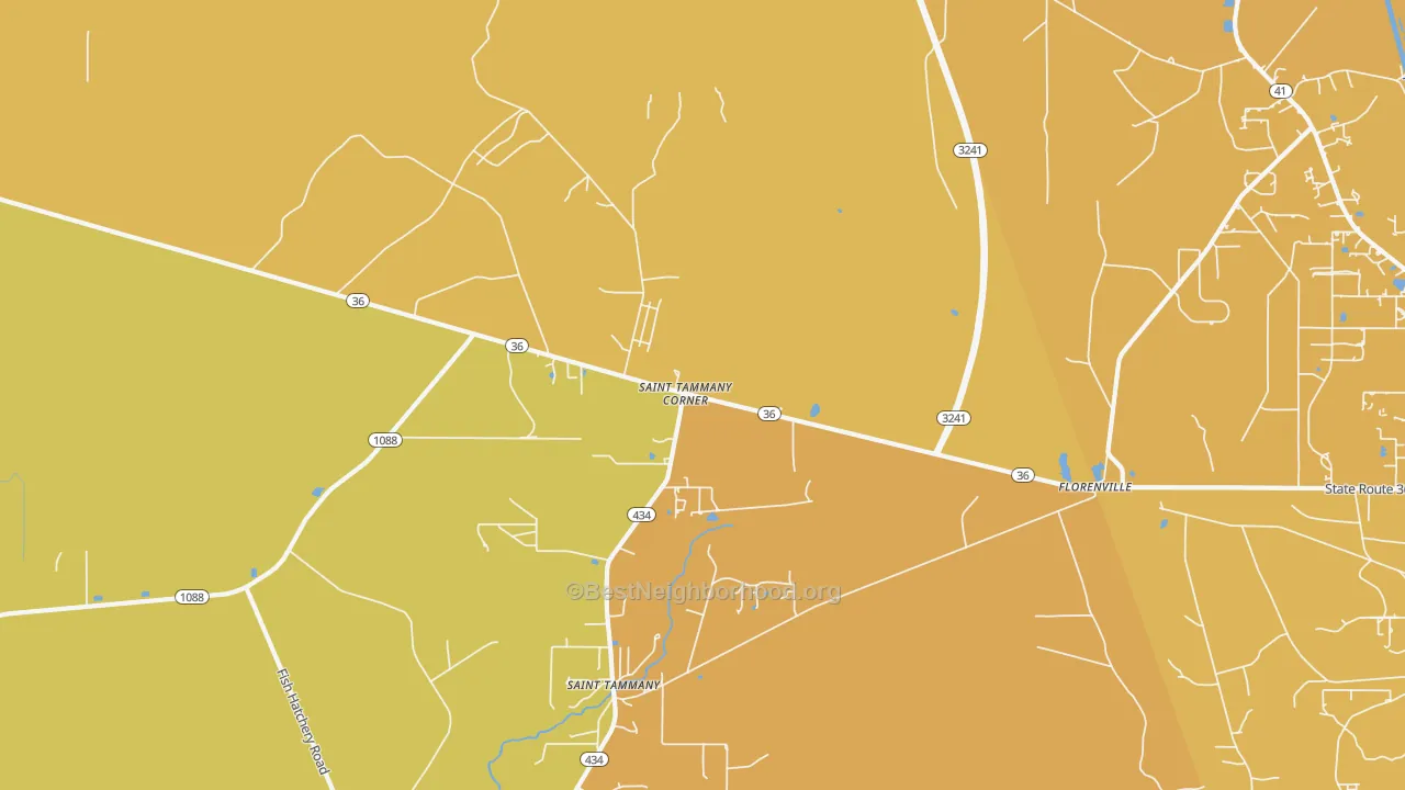 Map of the best neighborhoods in the St. Benedict area, with better matches in green and worse matches in red