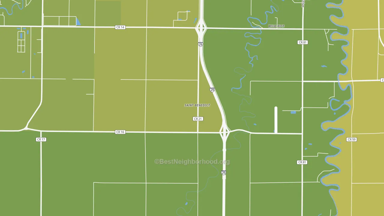 Map of the best neighborhoods in the St. Benedict area, with better matches in green and worse matches in red