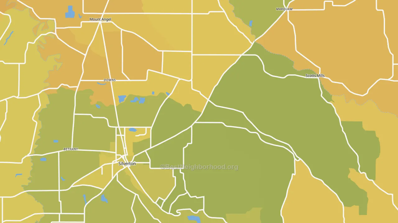 Map of the best neighborhoods in the St. Benedict area, with better matches in green and worse matches in red