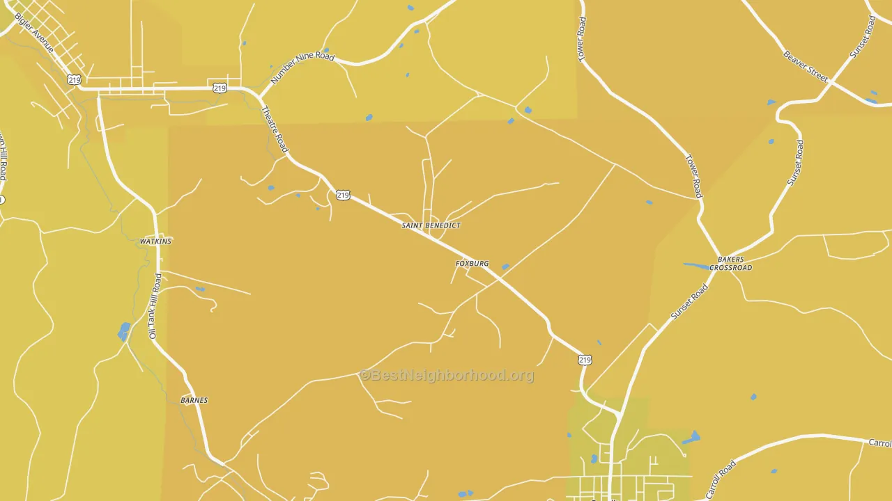 Map of the best neighborhoods in the St. Benedict area, with better matches in green and worse matches in red
