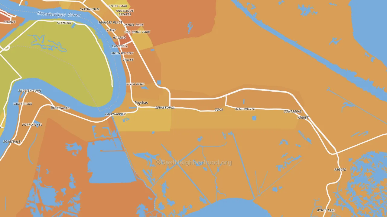 Map of the best neighborhoods in the St. Bernard area, with better matches in green and worse matches in red