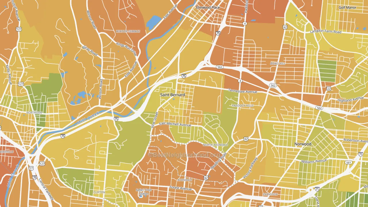 Map of the best neighborhoods in the St. Bernard area, with better matches in green and worse matches in red