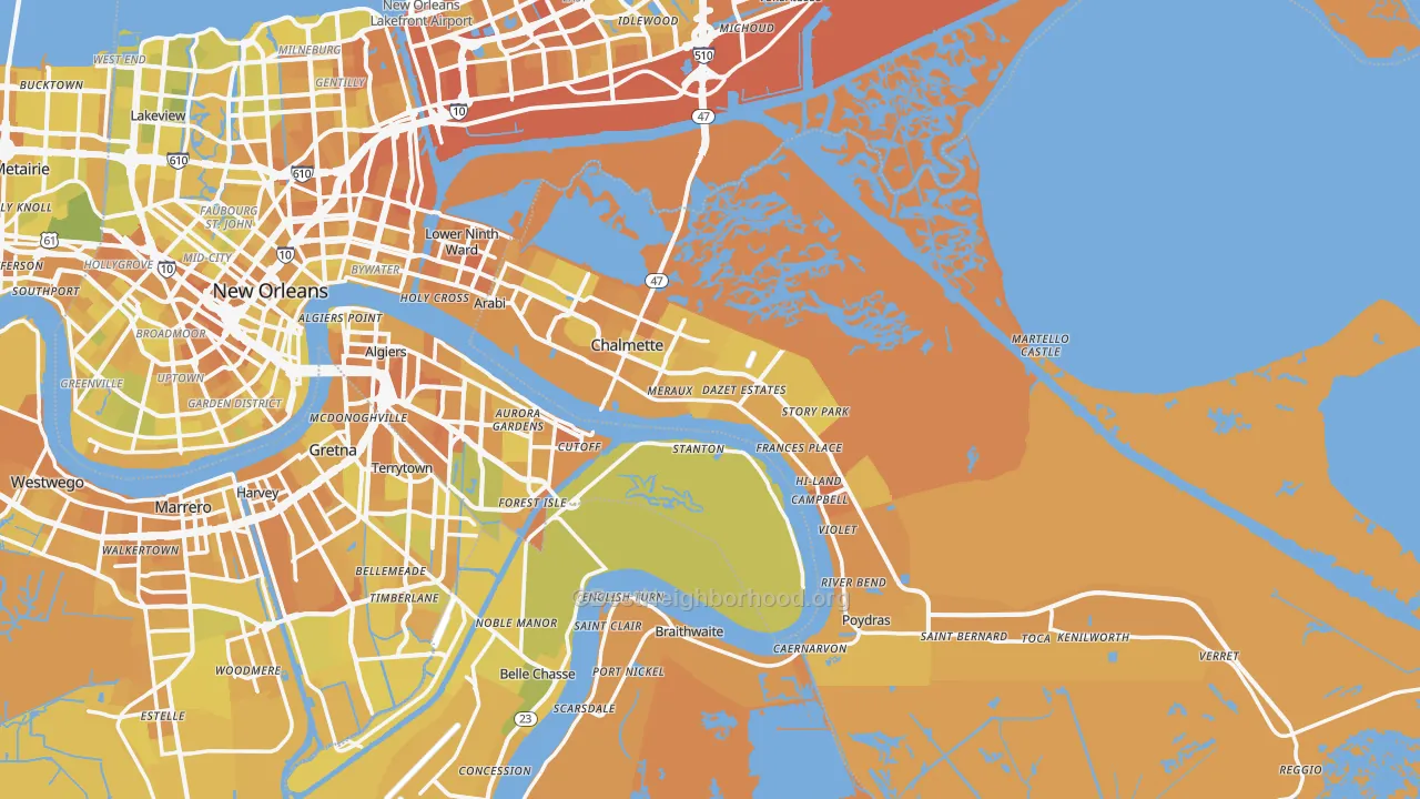 Map of the best neighborhoods in the St. Bernard Parish area, with better matches in green and worse matches in red