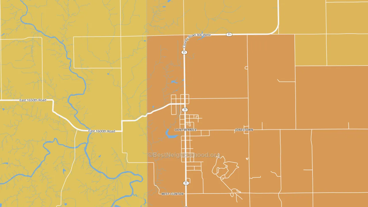 Map of the best neighborhoods in the St. Bernice area, with better matches in green and worse matches in red
