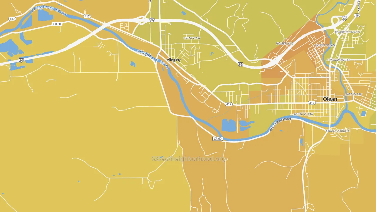 Map of the best neighborhoods in the St. Bonaventure area, with better matches in green and worse matches in red