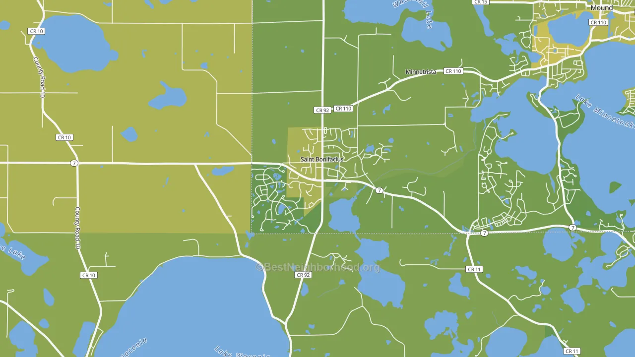 Map of the best neighborhoods in the St. Bonifacius area, with better matches in green and worse matches in red