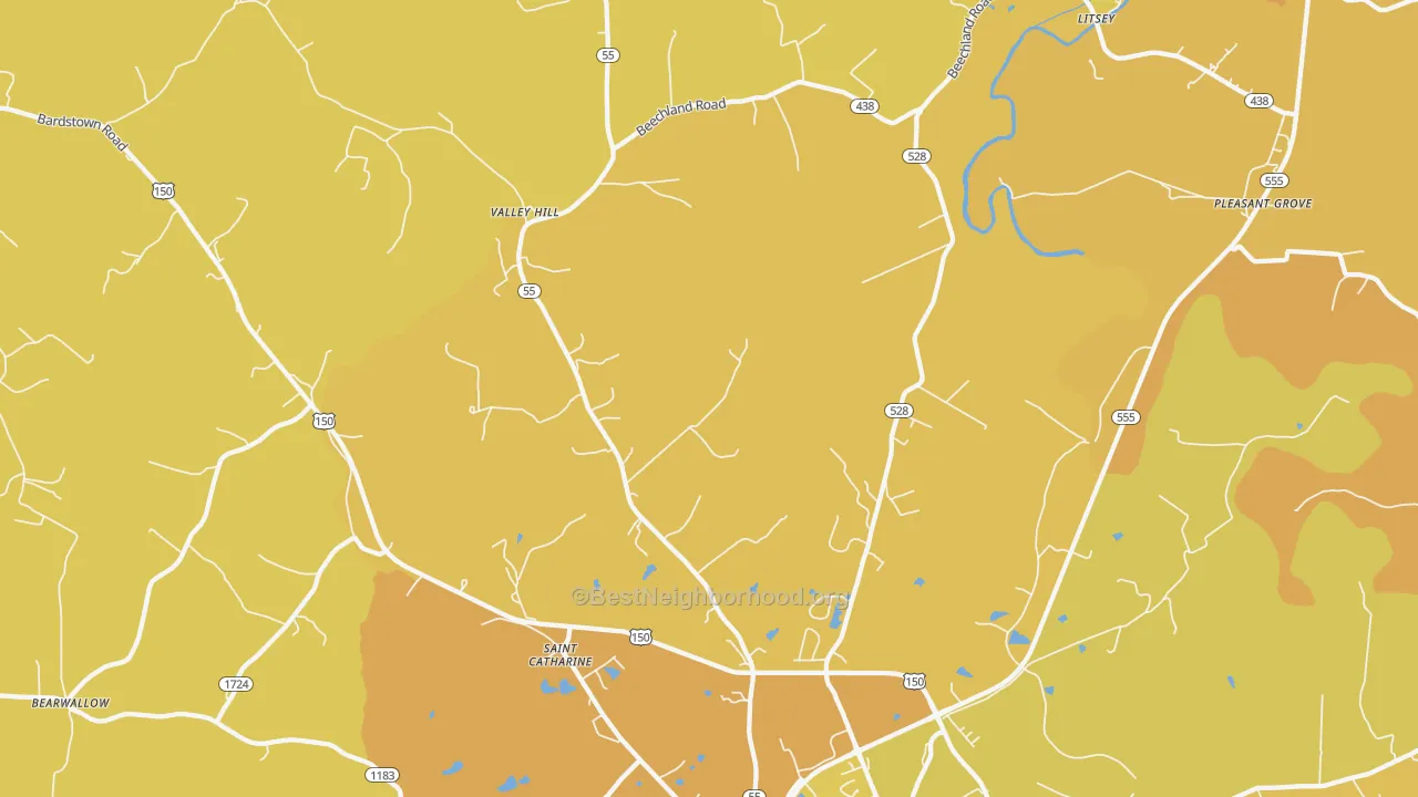 Map of the best neighborhoods in the St. Catharine area, with better matches in green and worse matches in red