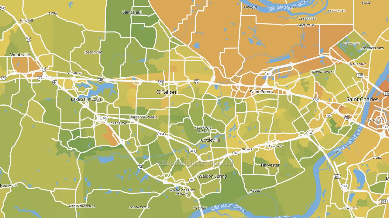 Map of the best neighborhoods in the St. Charles County area, with better matches in green and worse matches in red