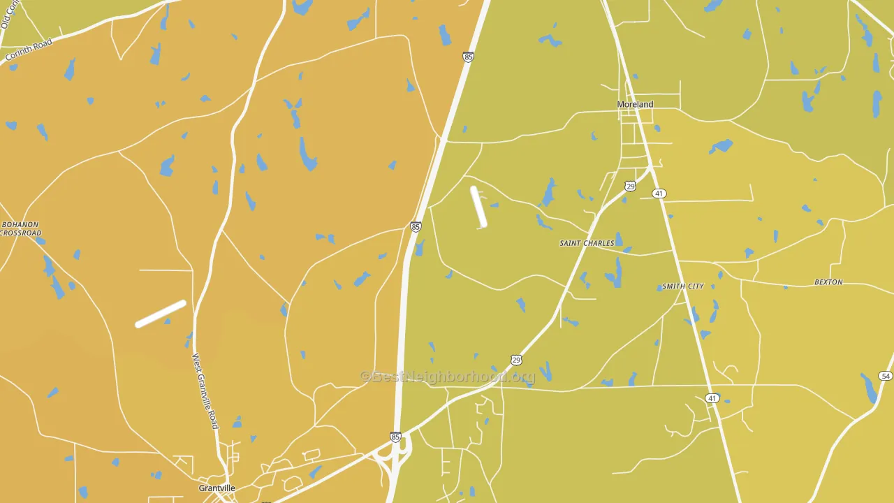 Map of the best neighborhoods in the St. Charles area, with better matches in green and worse matches in red