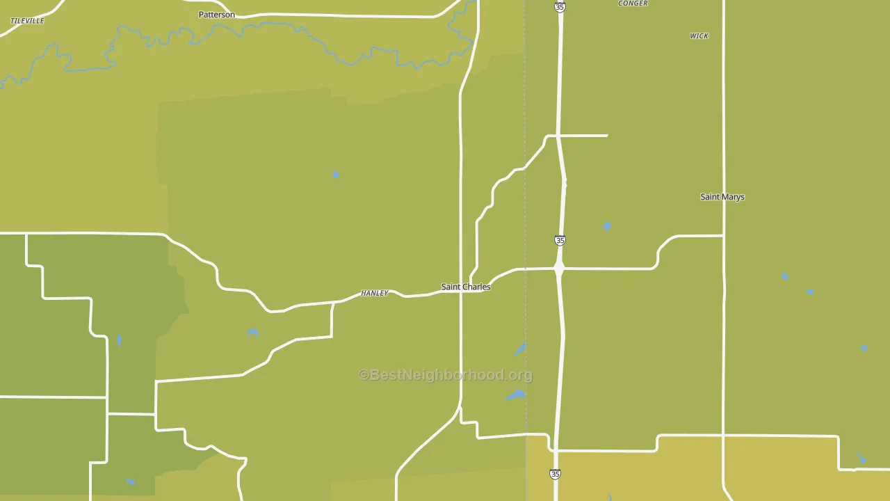 Map of the best neighborhoods in the St. Charles area, with better matches in green and worse matches in red