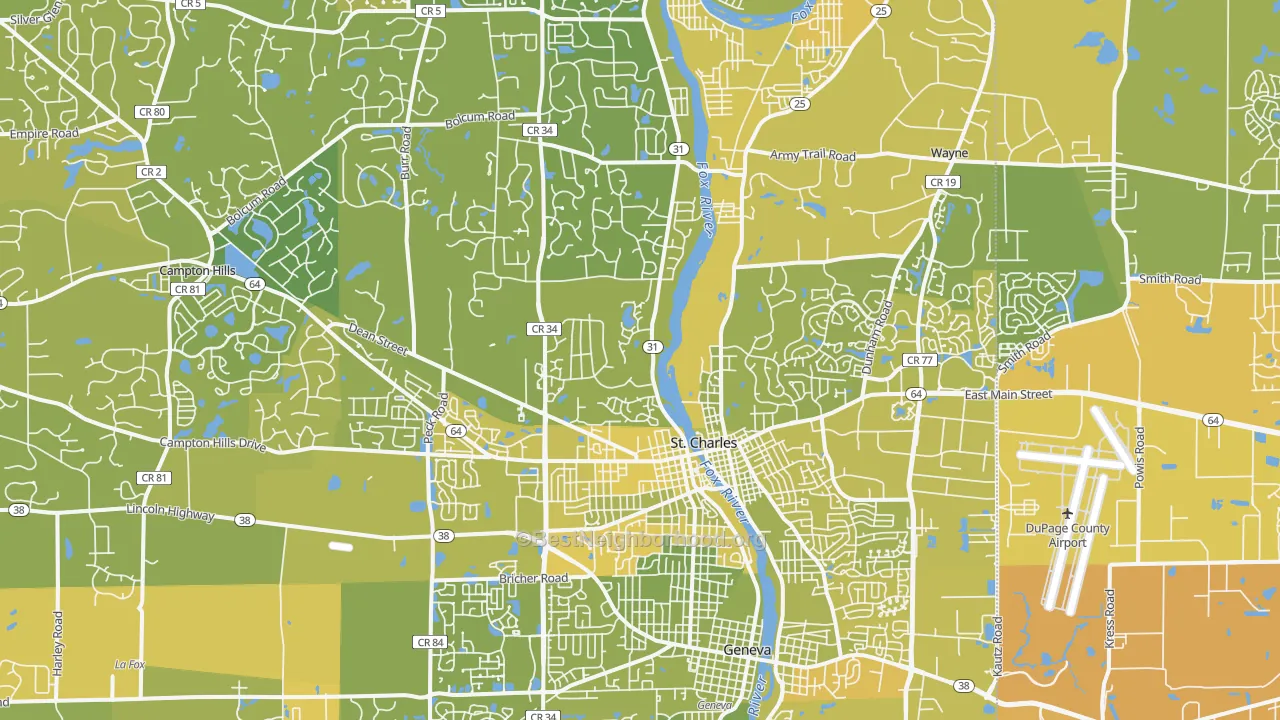 Map of the best neighborhoods in the St. Charles area, with better matches in green and worse matches in red