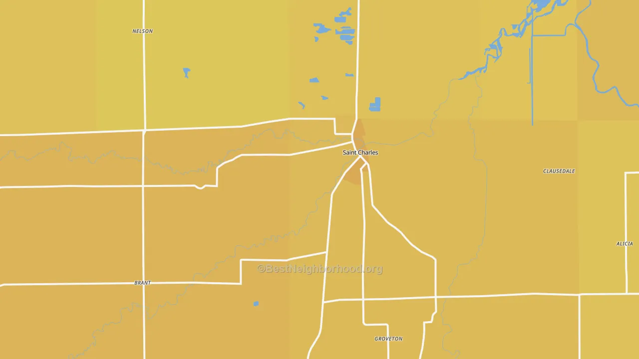 Map of the best neighborhoods in the St. Charles area, with better matches in green and worse matches in red