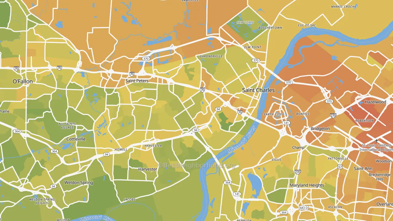 Map of the best neighborhoods in the St. Charles area, with better matches in green and worse matches in red