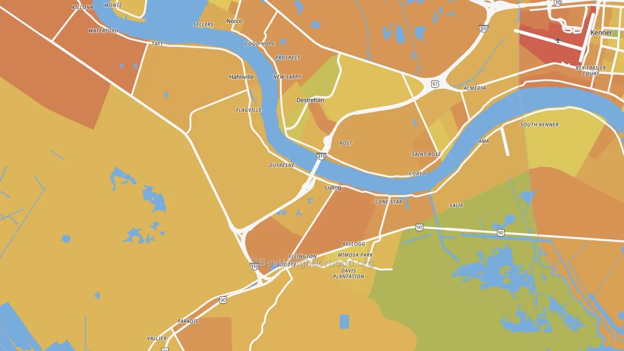 Map of the best neighborhoods in the St. Charles Parish area, with better matches in green and worse matches in red