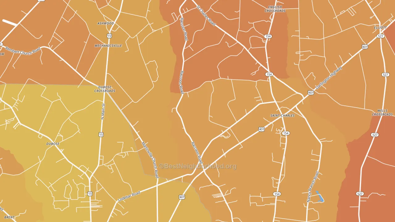 Map of the best neighborhoods in the St. Charles area, with better matches in green and worse matches in red