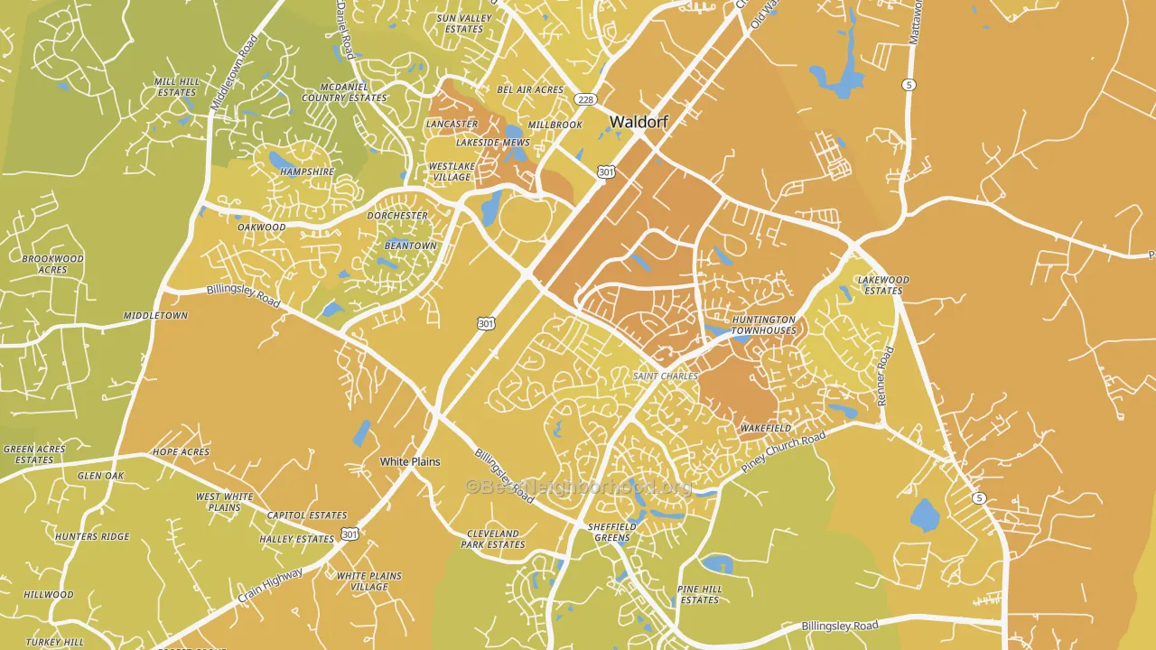 Map of the best neighborhoods in the St Charles, Waldorf area, with better matches in green and worse matches in red