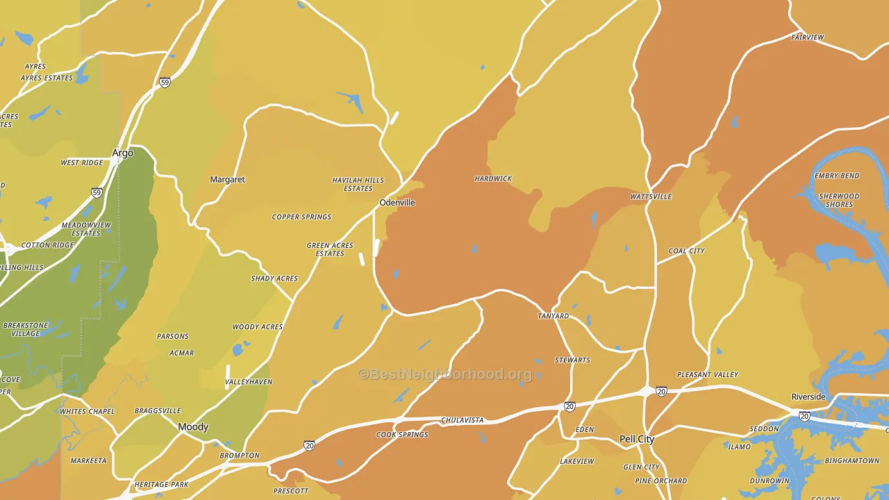 Map of the best neighborhoods in the St. Clair County area, with better matches in green and worse matches in red
