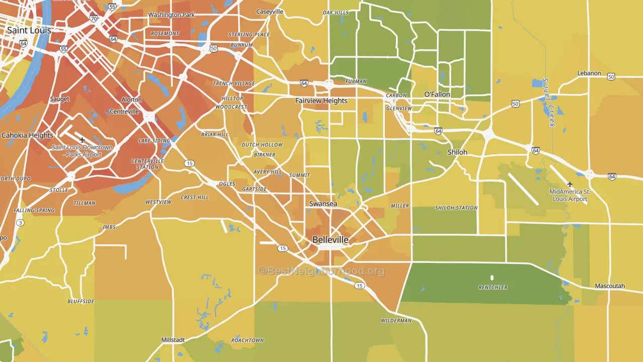 Map of the best neighborhoods in the St. Clair County area, with better matches in green and worse matches in red