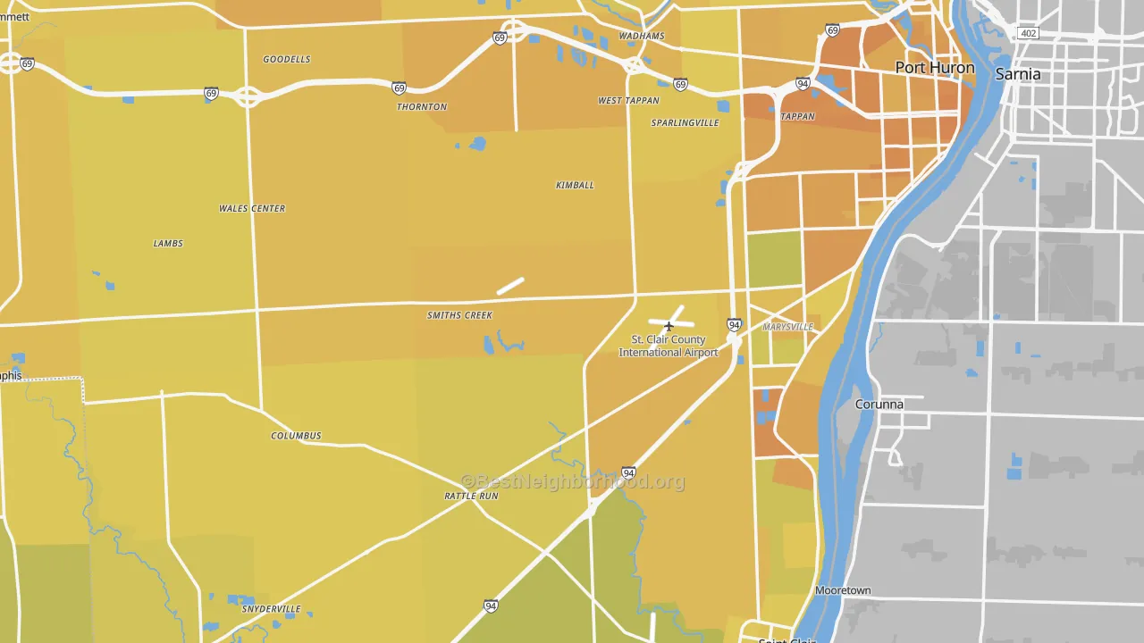 Map of the best neighborhoods in the St. Clair County area, with better matches in green and worse matches in red