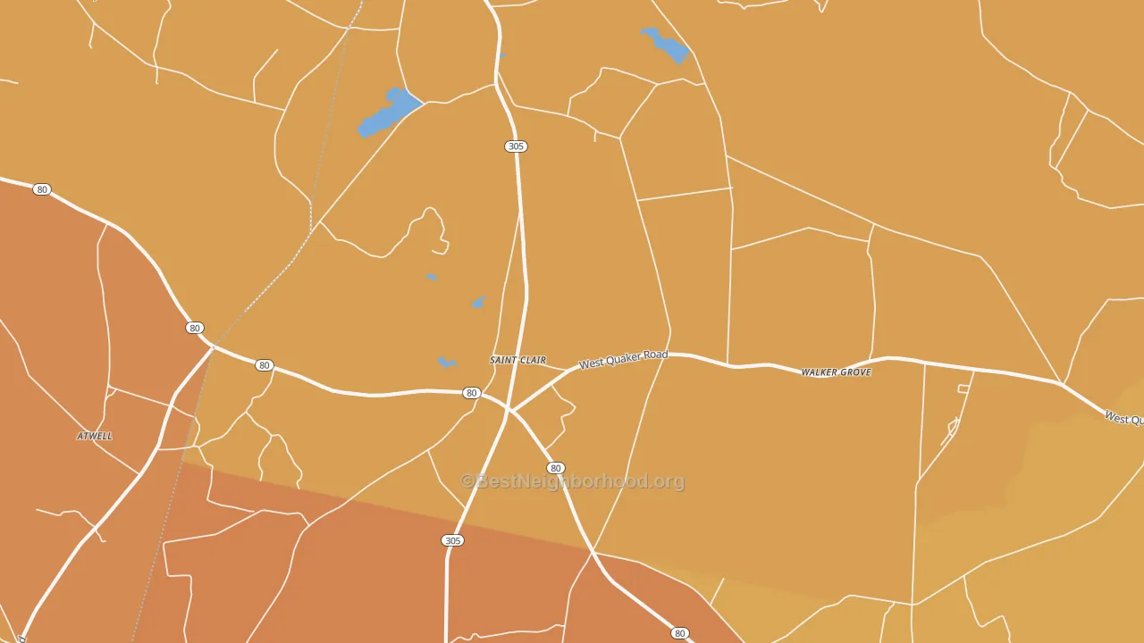 Map of the best neighborhoods in the St. Clair area, with better matches in green and worse matches in red