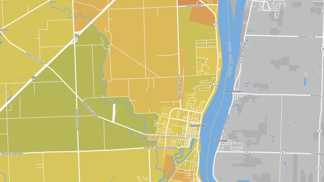 Map of the best neighborhoods in the St. Clair area, with better matches in green and worse matches in red