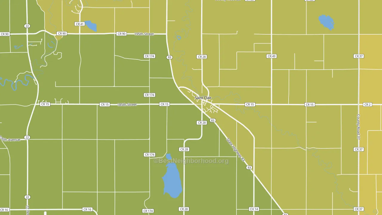 Map of the best neighborhoods in the St. Clair area, with better matches in green and worse matches in red