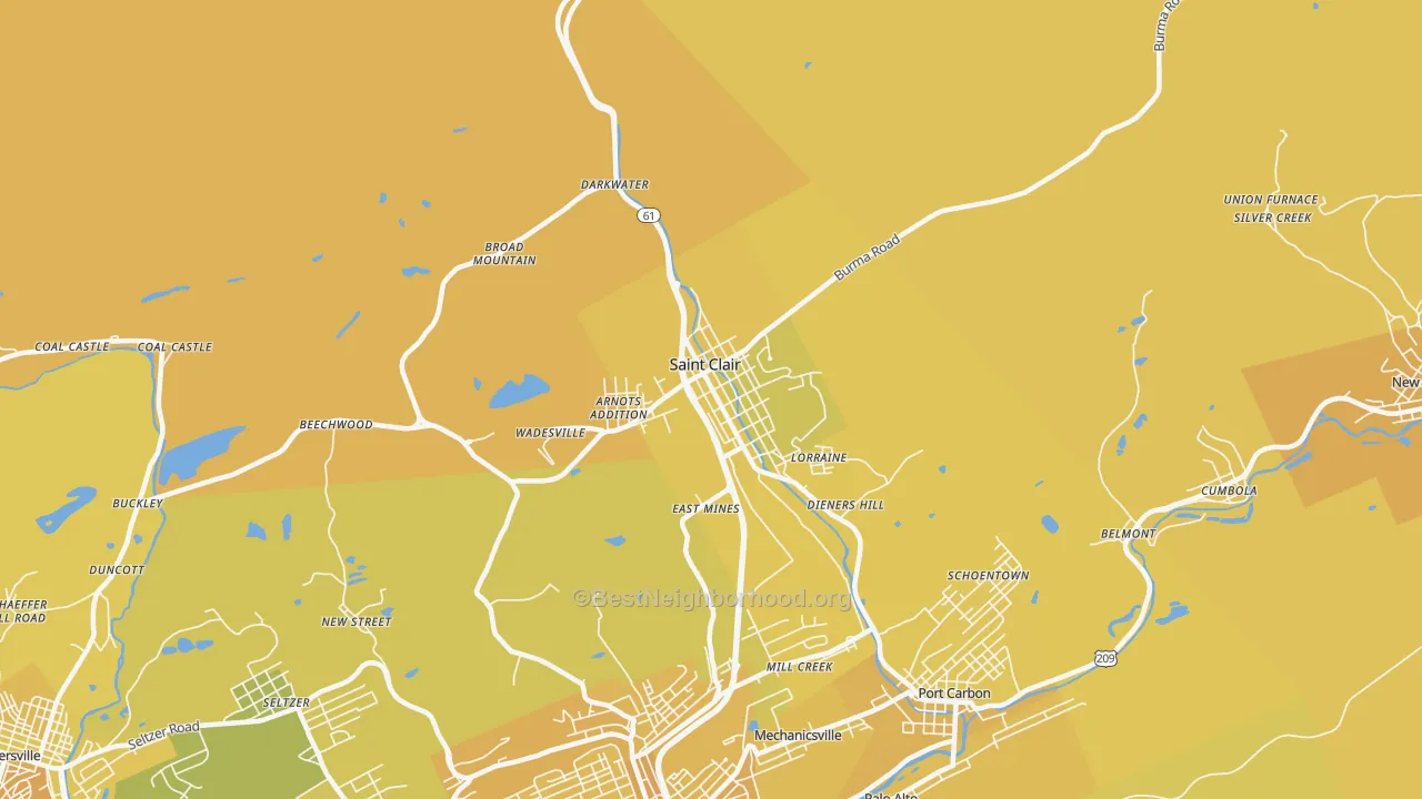 Map of the best neighborhoods in the St. Clair area, with better matches in green and worse matches in red