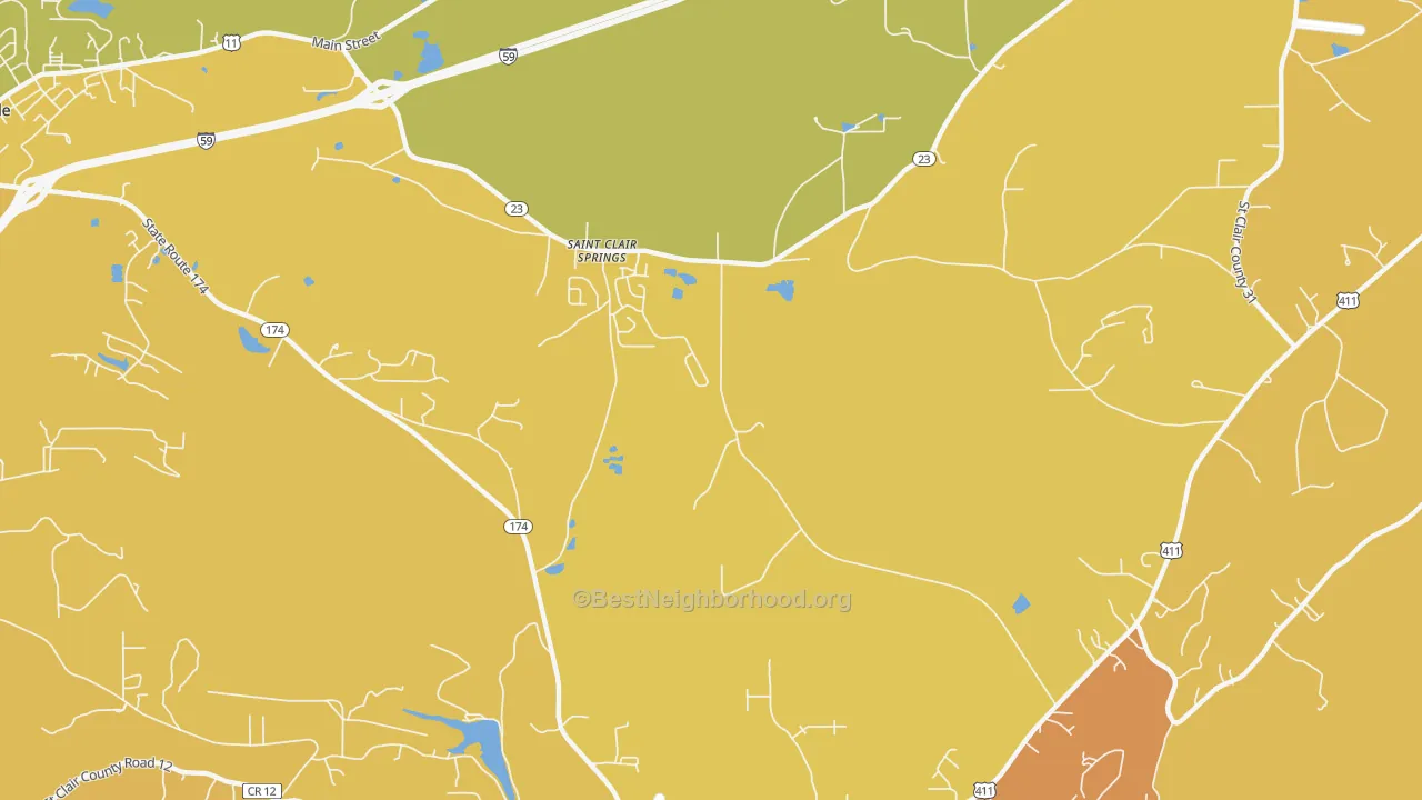 Map of the best neighborhoods in the St. Clair Springs area, with better matches in green and worse matches in red