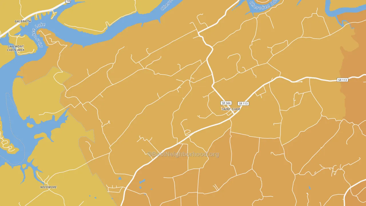Map of the best neighborhoods in the St. Clair area, with better matches in green and worse matches in red