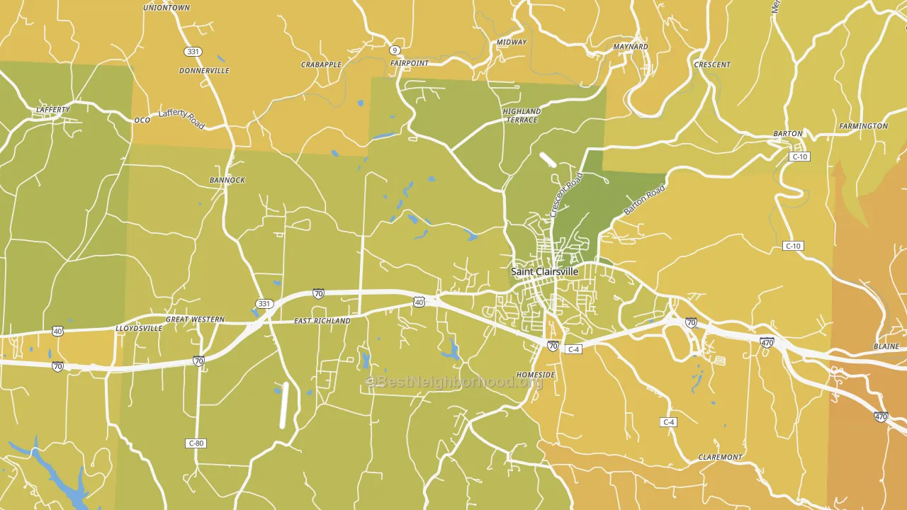 Map of the best neighborhoods in the St. Clairsville area, with better matches in green and worse matches in red