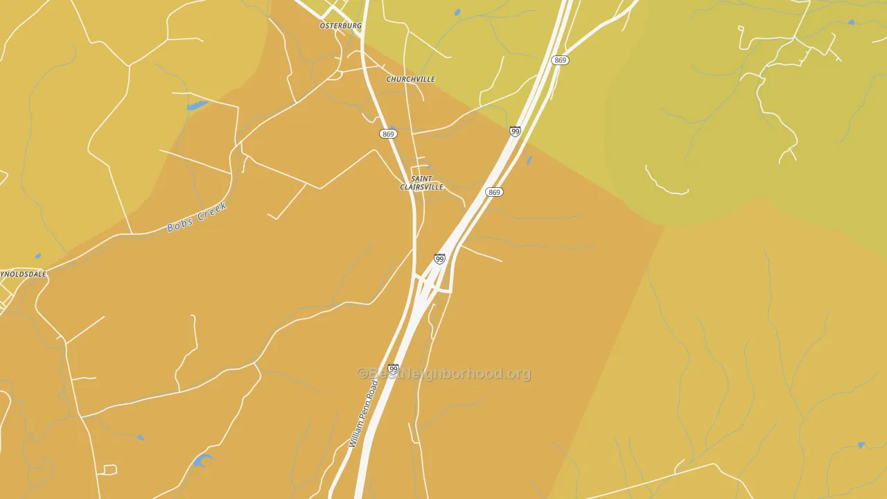 Map of the best neighborhoods in the St. Clairsville area, with better matches in green and worse matches in red