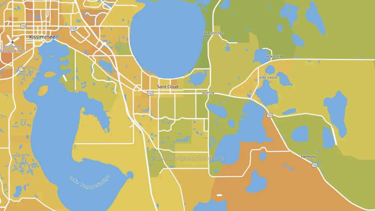 Map of the best neighborhoods in the St. Cloud area, with better matches in green and worse matches in red