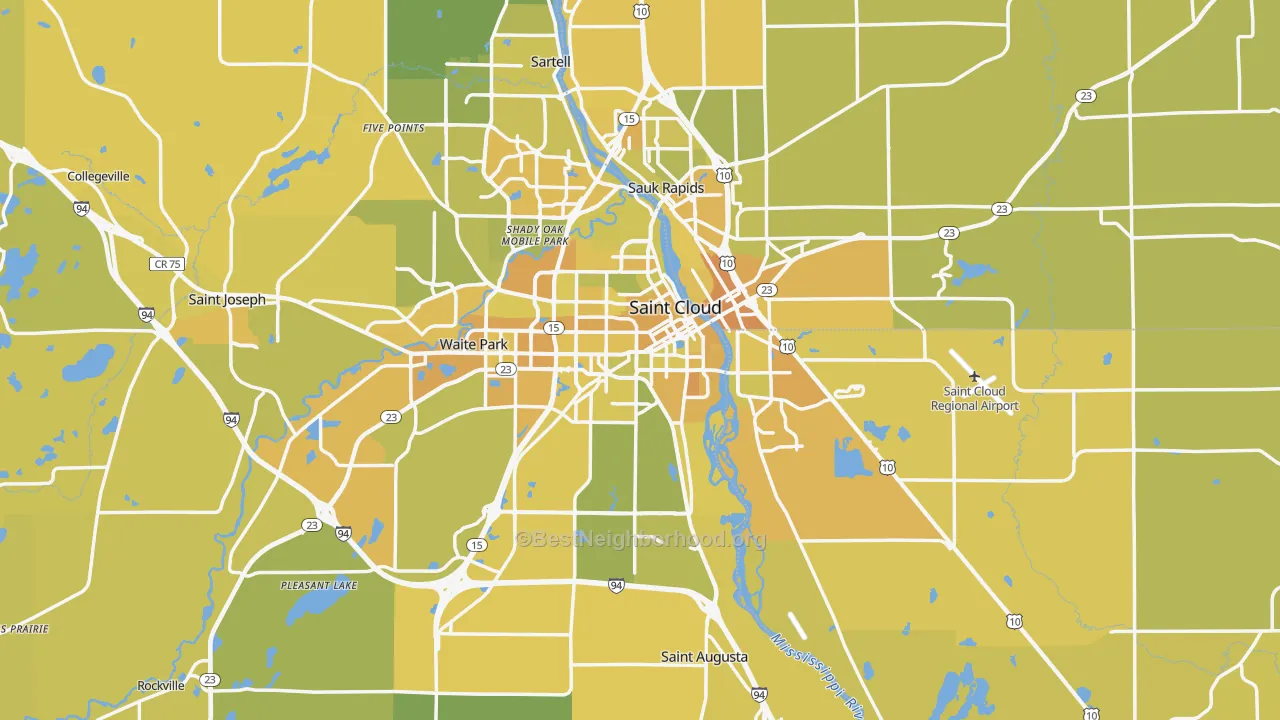 Map of the best neighborhoods in the St. Cloud Metro area, with better matches in green and worse matches in red