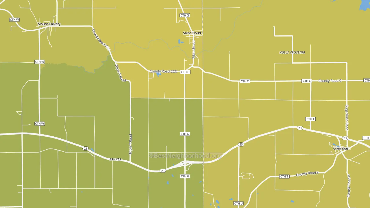 Map of the best neighborhoods in the St. Cloud area, with better matches in green and worse matches in red
