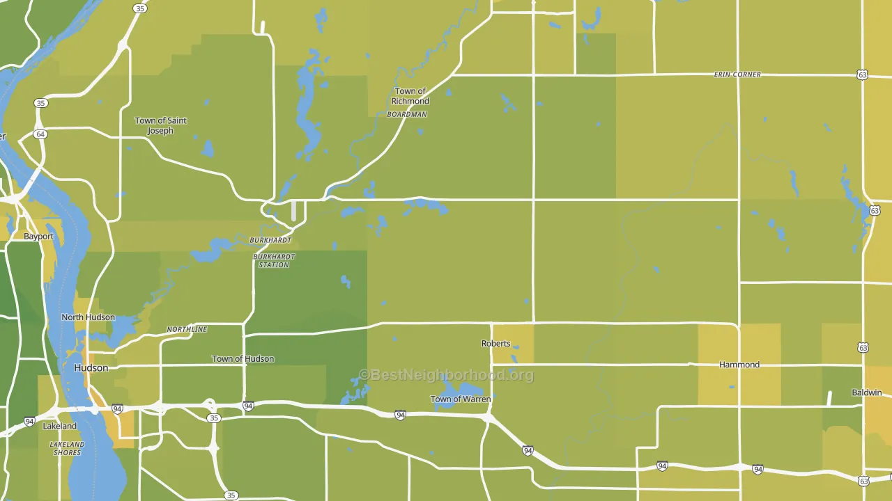 Map of the best neighborhoods in the St. Croix County area, with better matches in green and worse matches in red