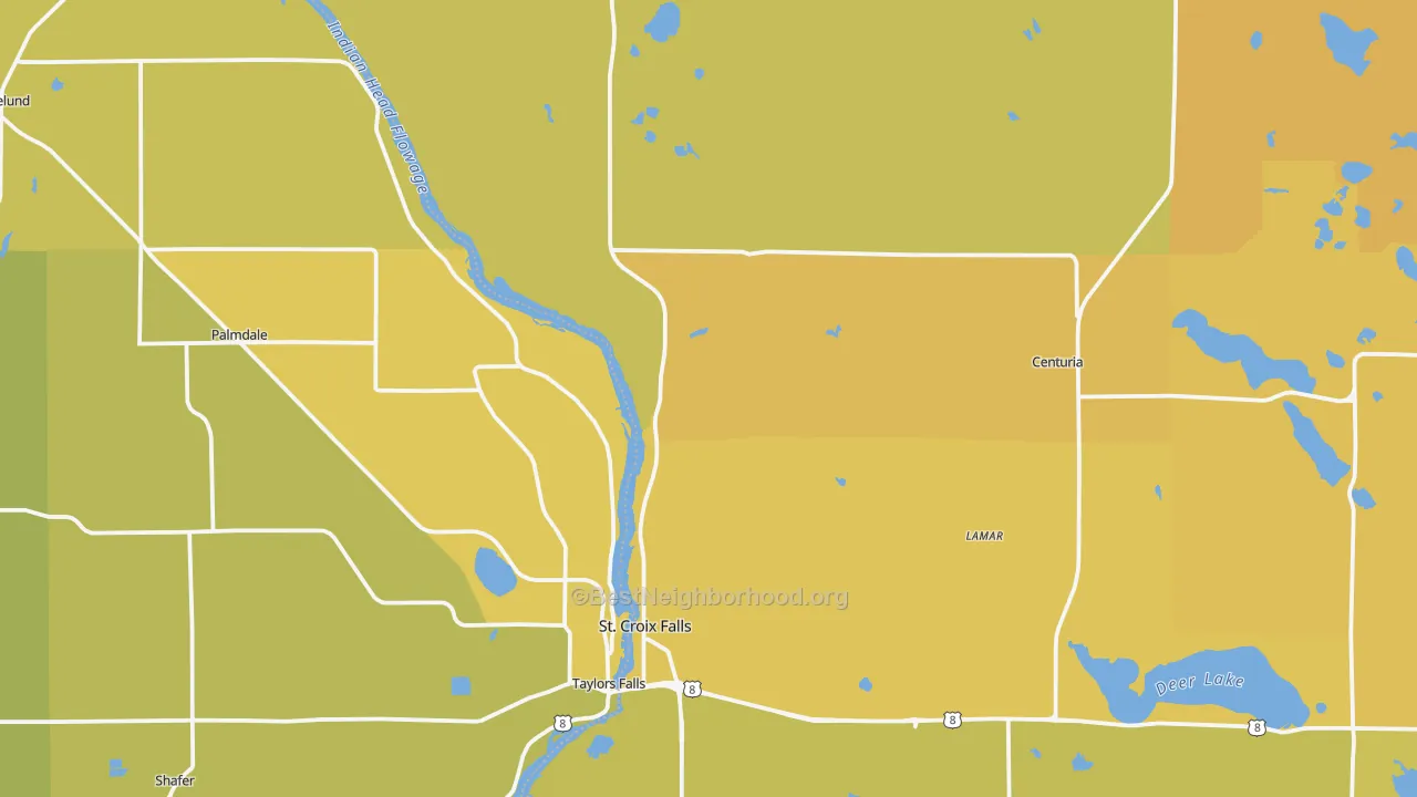Map of the best neighborhoods in the St. Croix Falls area, with better matches in green and worse matches in red