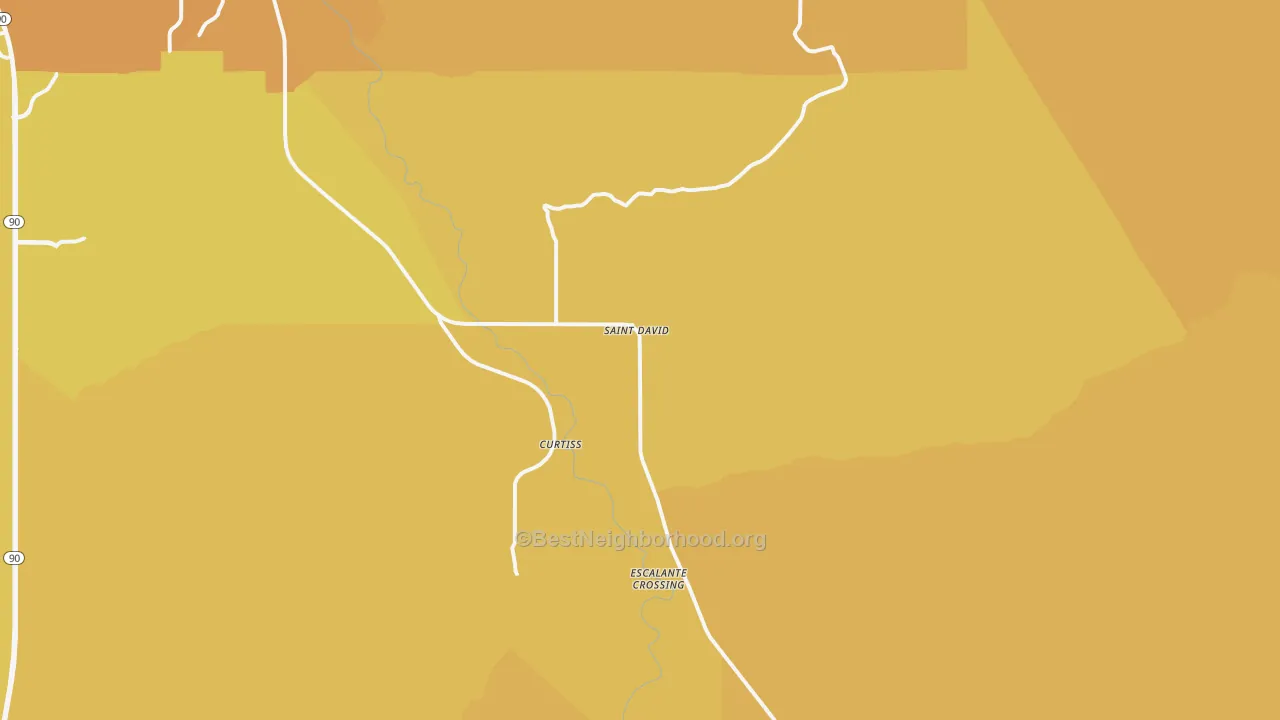 Map of the best neighborhoods in the St. David area, with better matches in green and worse matches in red
