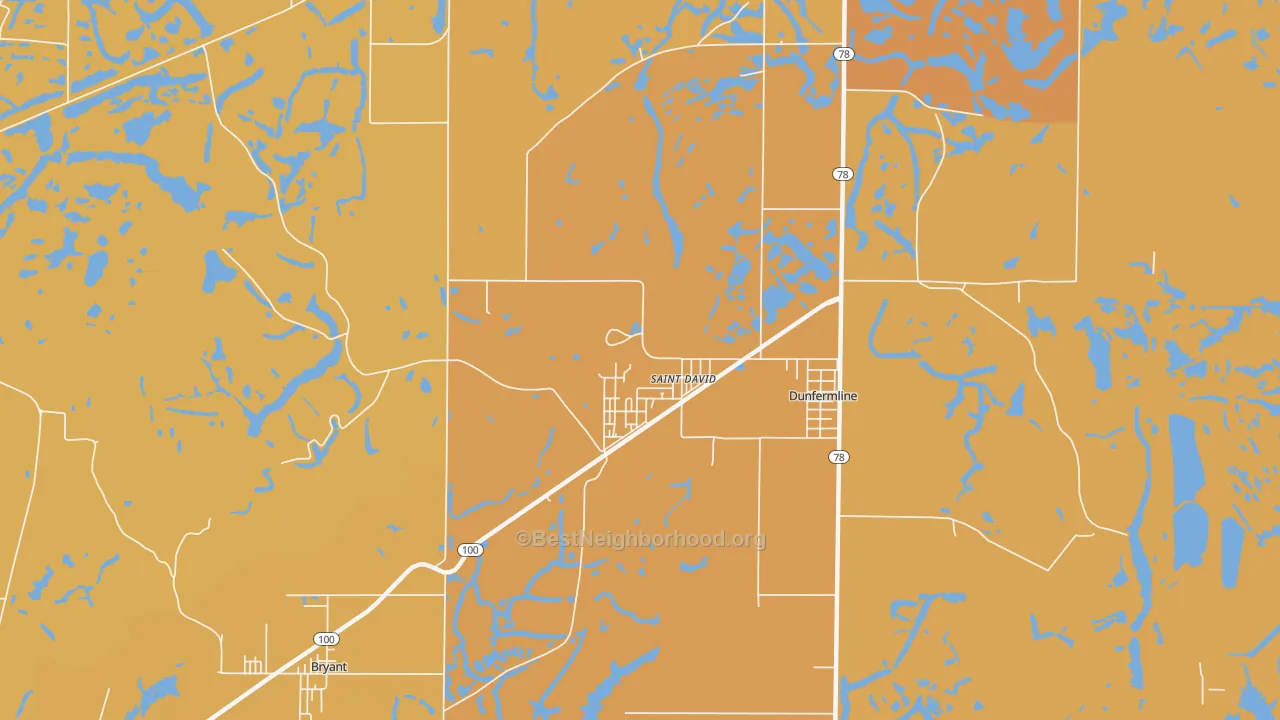 Map of the best neighborhoods in the St. David area, with better matches in green and worse matches in red